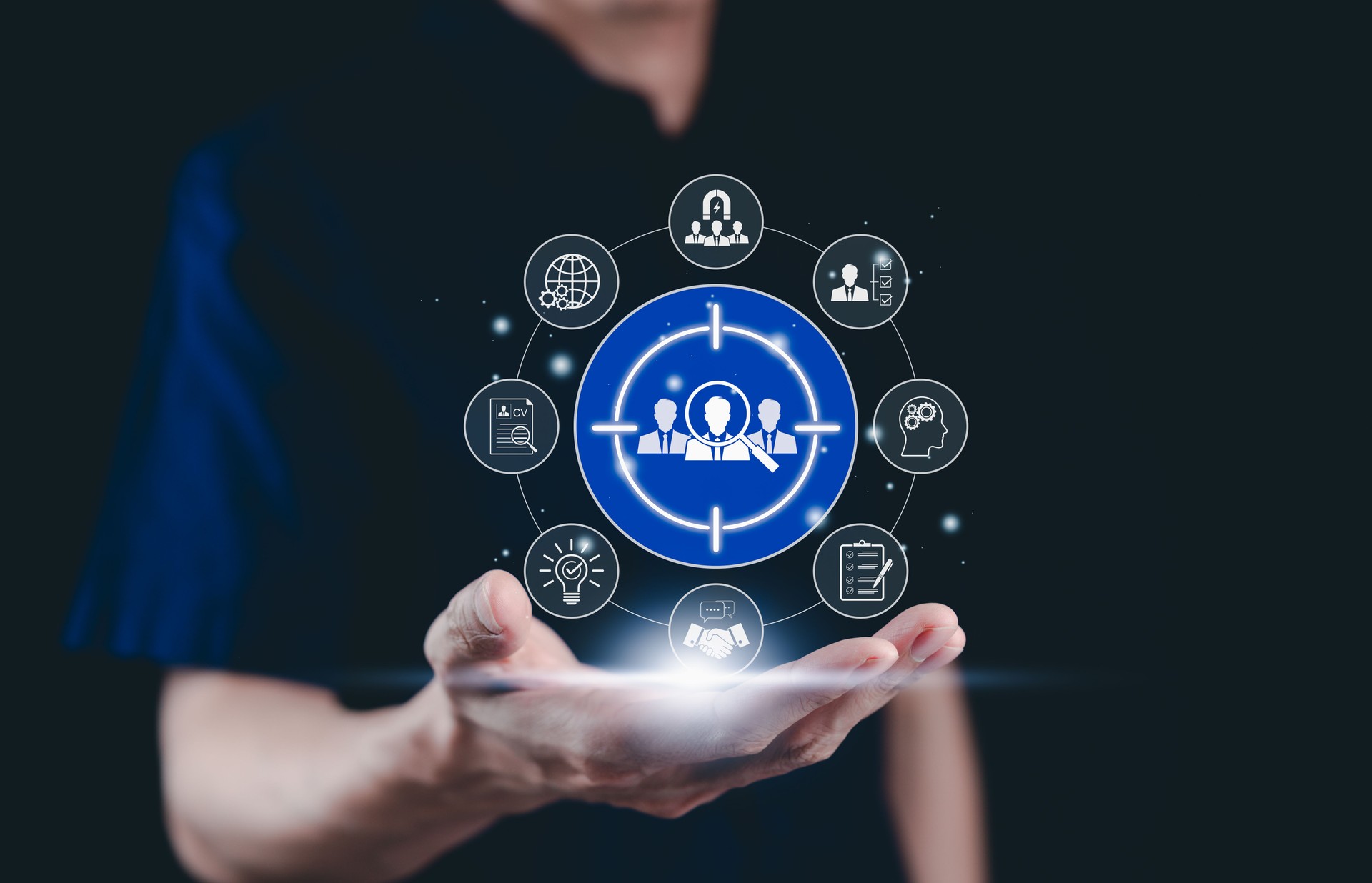 Recruitment and talent acquisition concept. Digital icon representing target with group of people, recruitment, talent acquisition. candidate selection, skill assessment, and hiring strategy. HR,